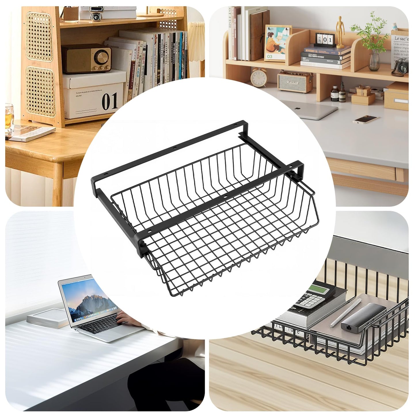 FUNSUEI No-Drill Under Desk Storage Basket, Black Slide-Out Self Adhesive Drawer, Metal Storage Basket for Office, Home, 37× 23.5 ×11 cm