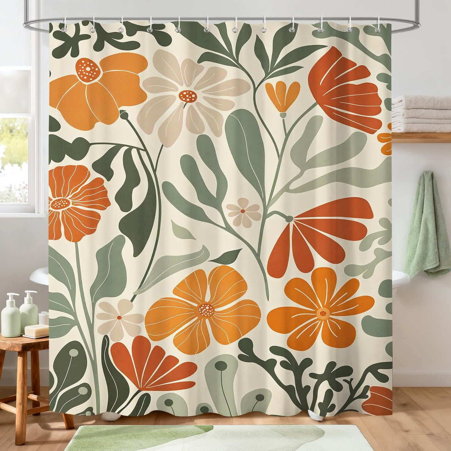 Hopomoon Orange Boho Shower Curtain,Cute Colorful Floral Abstract Plants Spring Bathroom Curtain with 12 Hooks,180 x 180cm