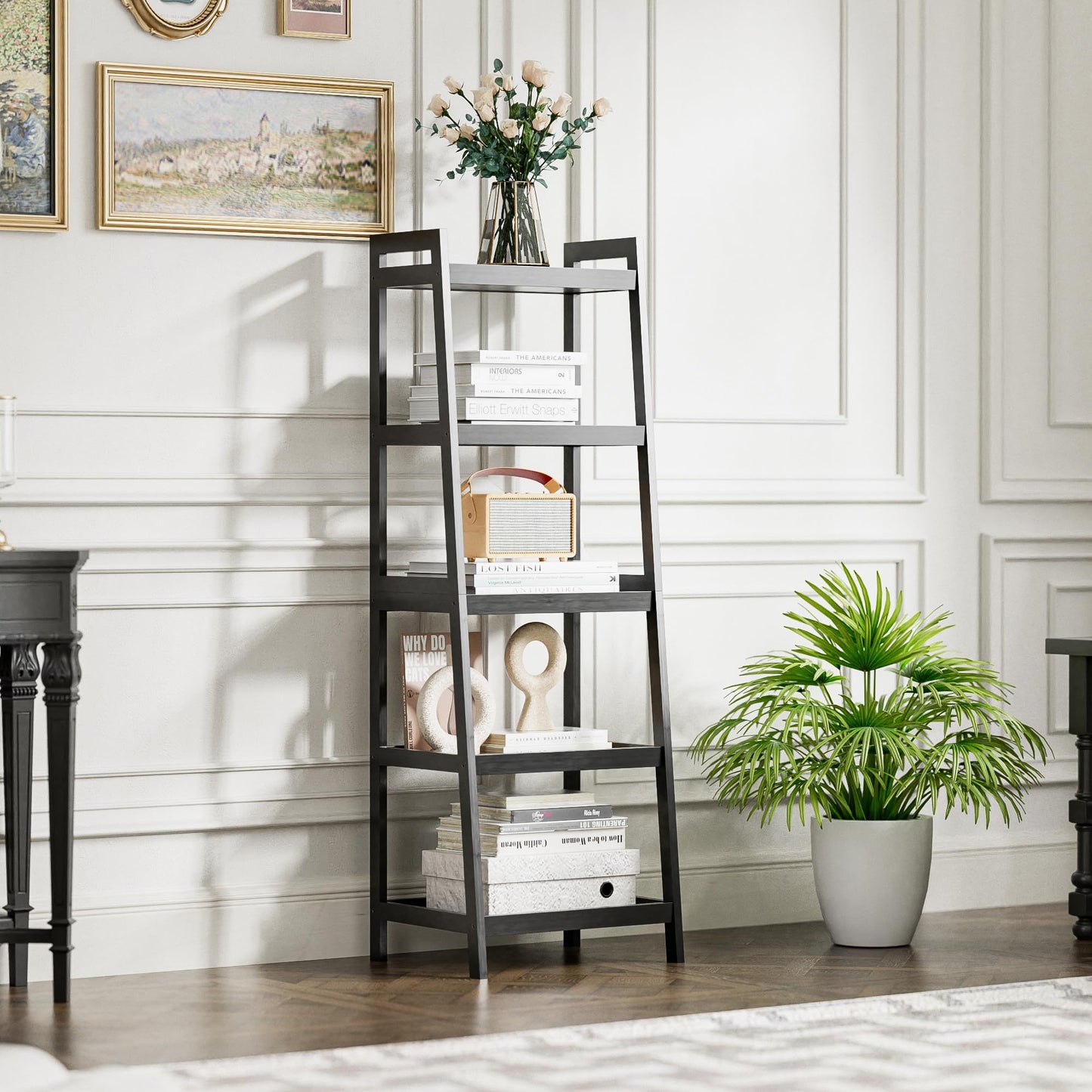 SMIBUY Bamboo Ladder Bookcase, Bathroom Storage Rack Organizer, 4 Tier and 5 Tier Freestanding Plant Display Stand Space Saver Shelves for Bedroom