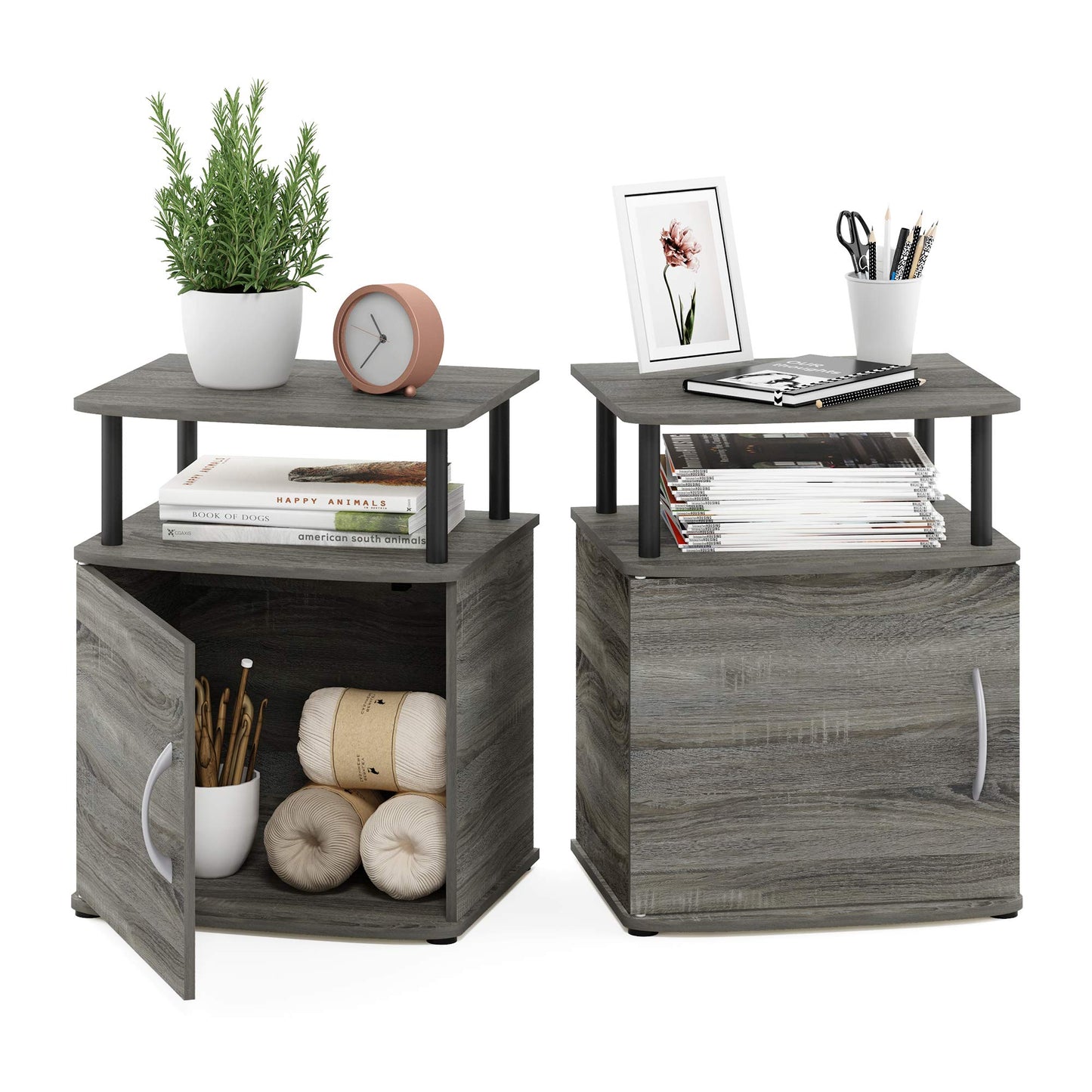 Furinno JAYA Side Table Set of 2, 2-Tier Open Shelf End Table with Door Cabinet, Soft-edges Night Stand, Bedside Table, for Living Room, Bedroom