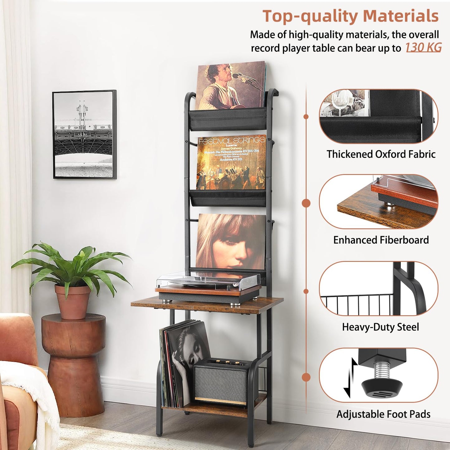 Bikoney Record Player Stand with Vinyl Storage for 200 LPs