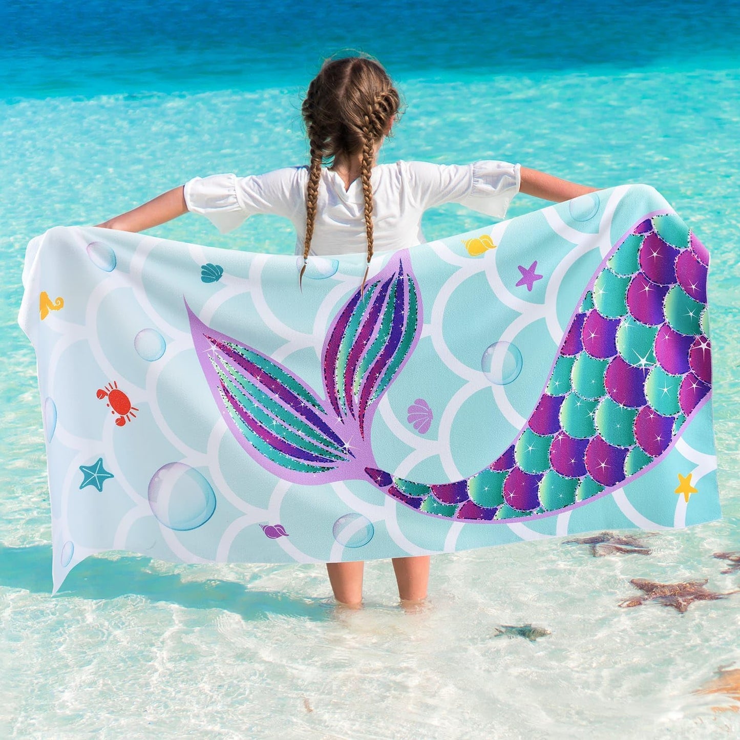 WERNNSAI Mermaid Microfibre Beach Towel for Kids, 76 x 150cm Bath Towel