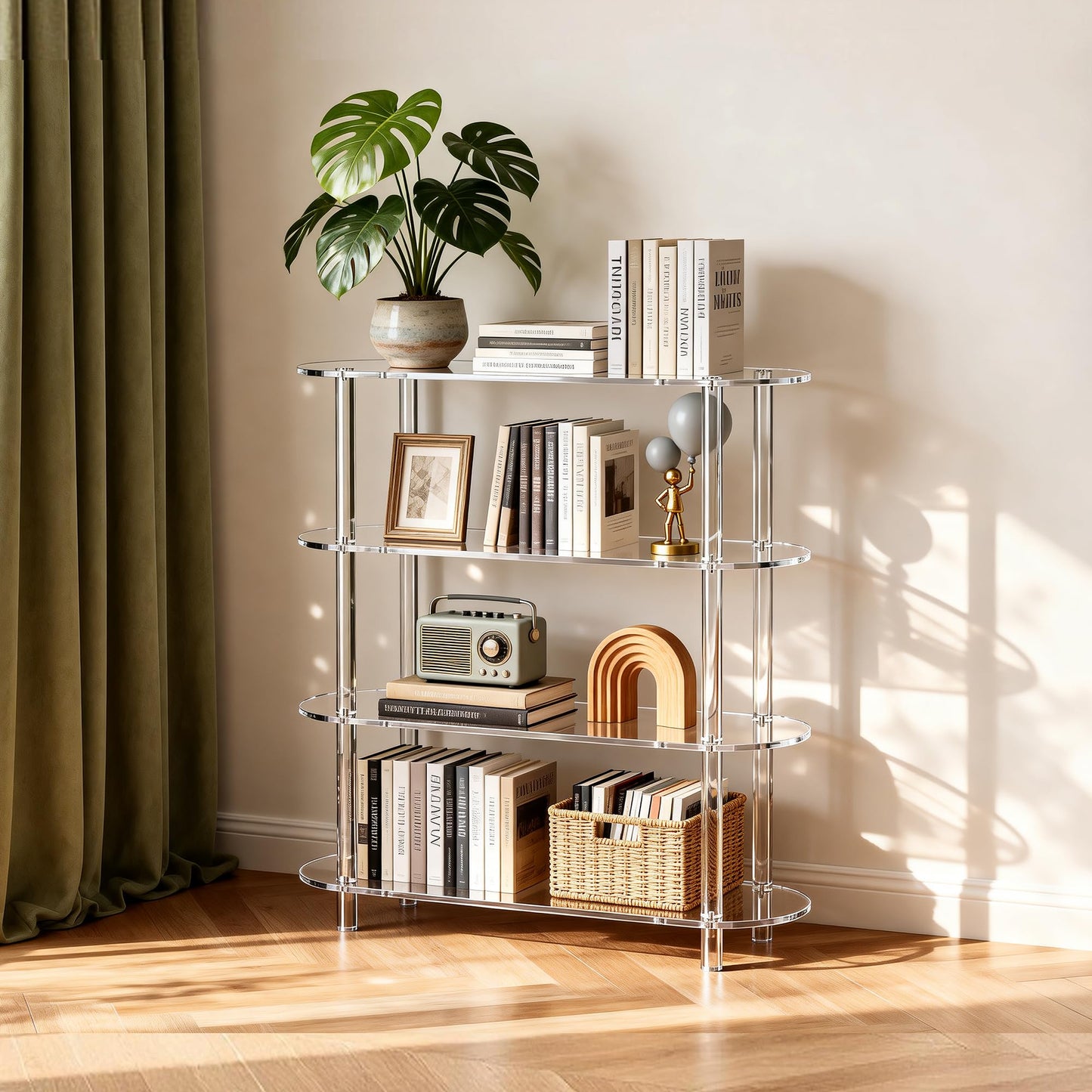 Clear Acrylic Bookshelf Bookcase, Narrow Oval, 4 Tier, 80 x 24 x 102 cm