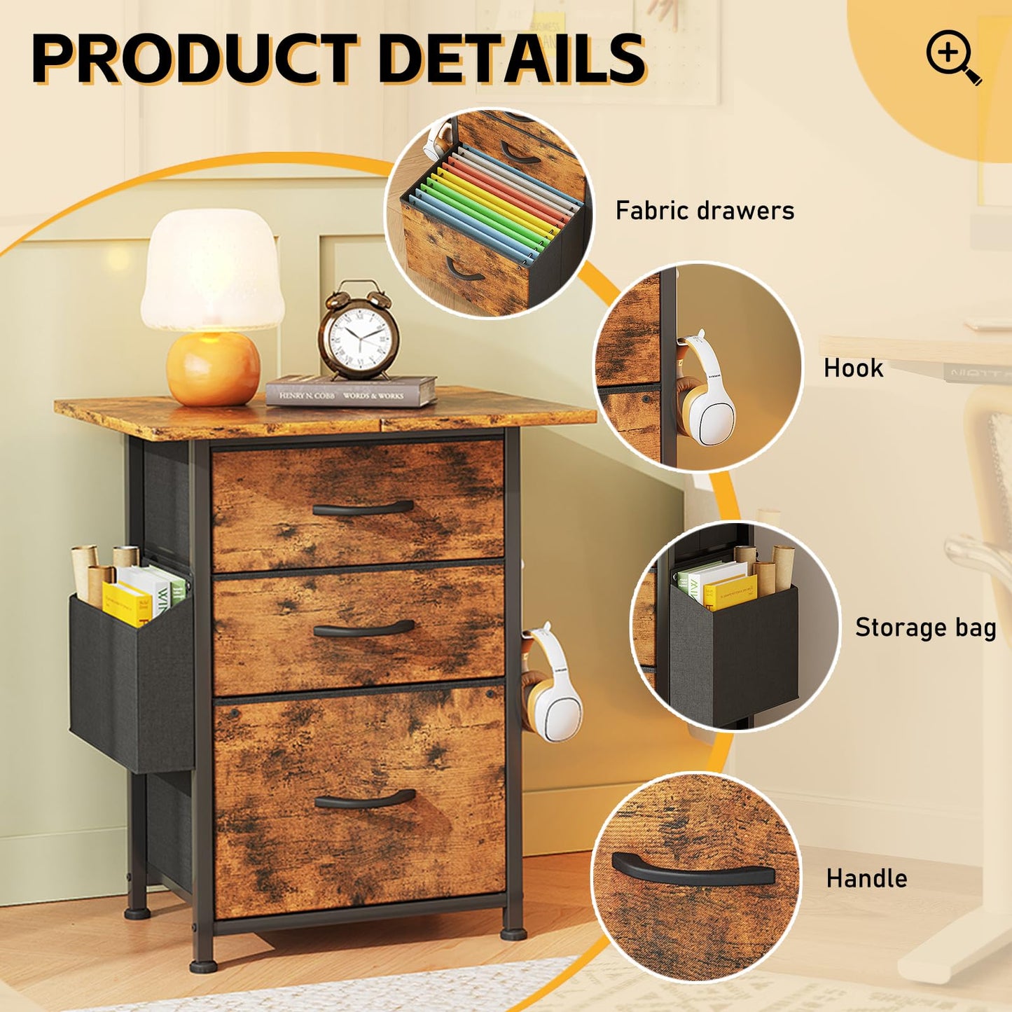 CAIYUN Filing Cabinet with 3 Fabric Drawers, Mobile File Cabinet on Wheels & Adjustable Feet, Rolling Under Desk Cabinet