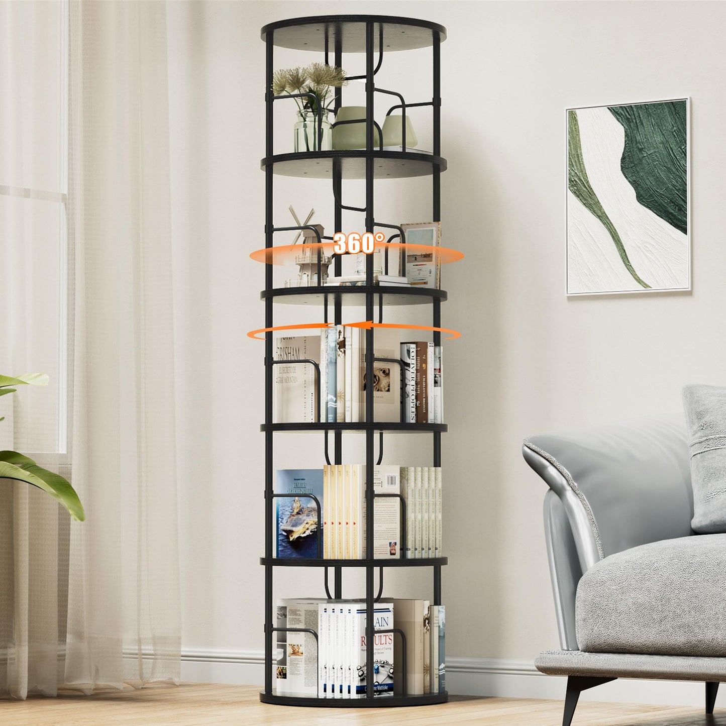 OCTORO 5 Tier Rotating Bookshelf, 360° Corner Bookshelf Tower, Round Revolving Bookcase with Adjustable Levels, Spinning Book Shelf for Home Office