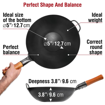 YOSUKATA Carbon Steel Wok Pan  34 cm Woks and Stir Fry Pans - Chinese Wok with Flat Bottom Pow Wok - Traditional Chinese Japanese Woks - Black Steel