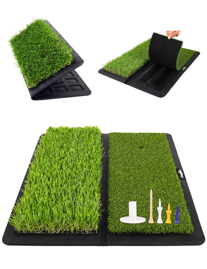 LIBERRWAY Golf Mat, Foldable & Replaceable Golf Hitting Mat with Fairway and Rough Synthetic Turf, Golf Practice Mat Include 5 Tees for Indoor and