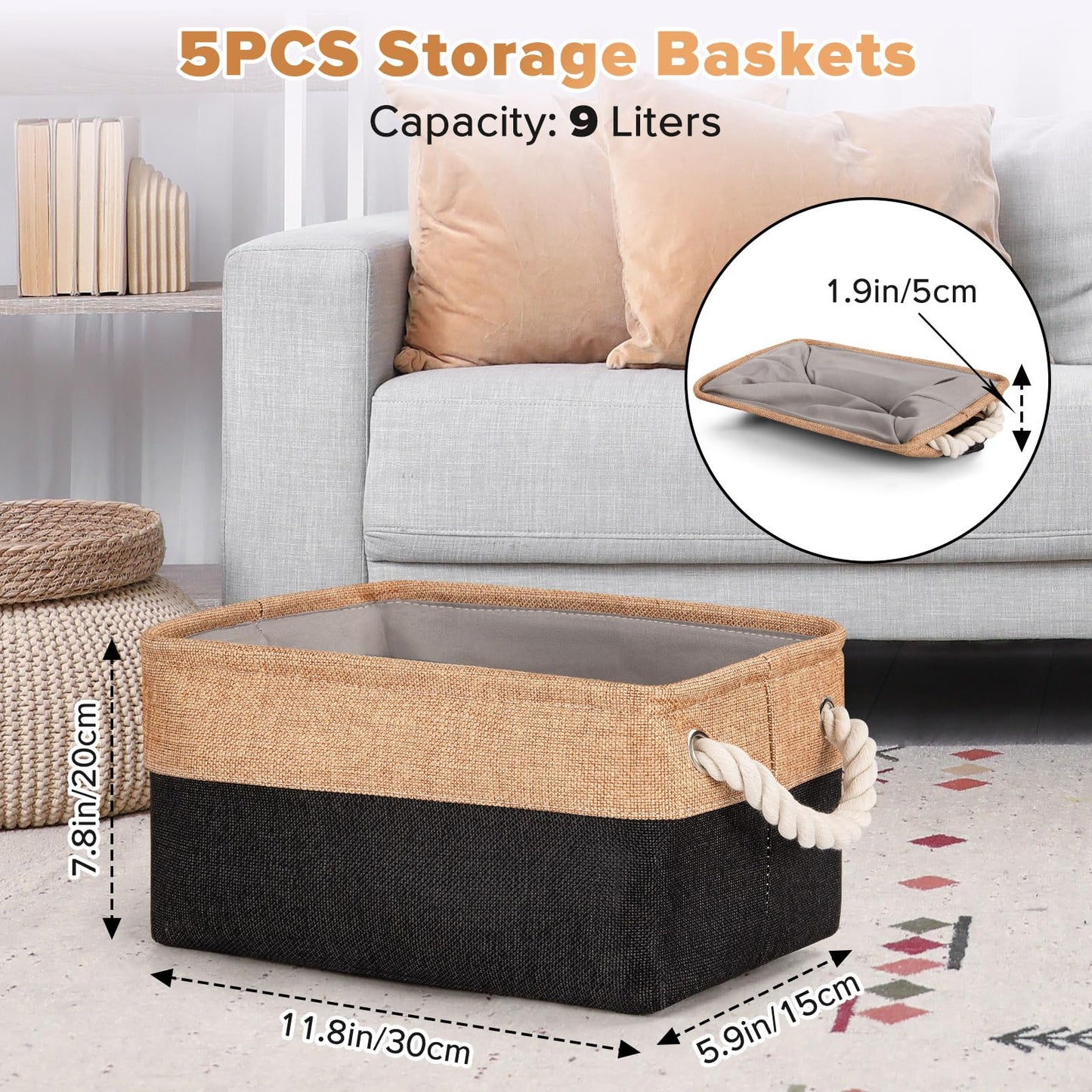 5 Pack Storage Baskets for Shelves with Cotton Rope Handles, Foldable Fabric Canvas Material Storage Boxes Organiser for Clothes, Toys