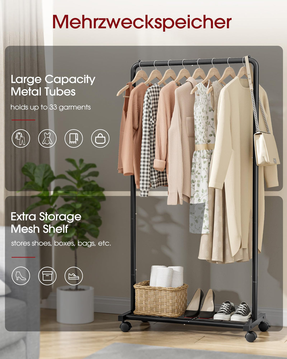 Sakugi Movable Clothes Rail with Shoe Shelf, 72x43x149cm, Black