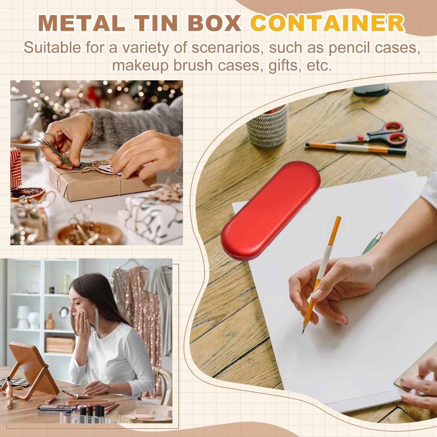 sourcing map 4Pcs Metal Tin Box Container, 6.9x2.4x0.7 Oval Empty Hinged Lid Box with Self Adhesive Colored Sticker
