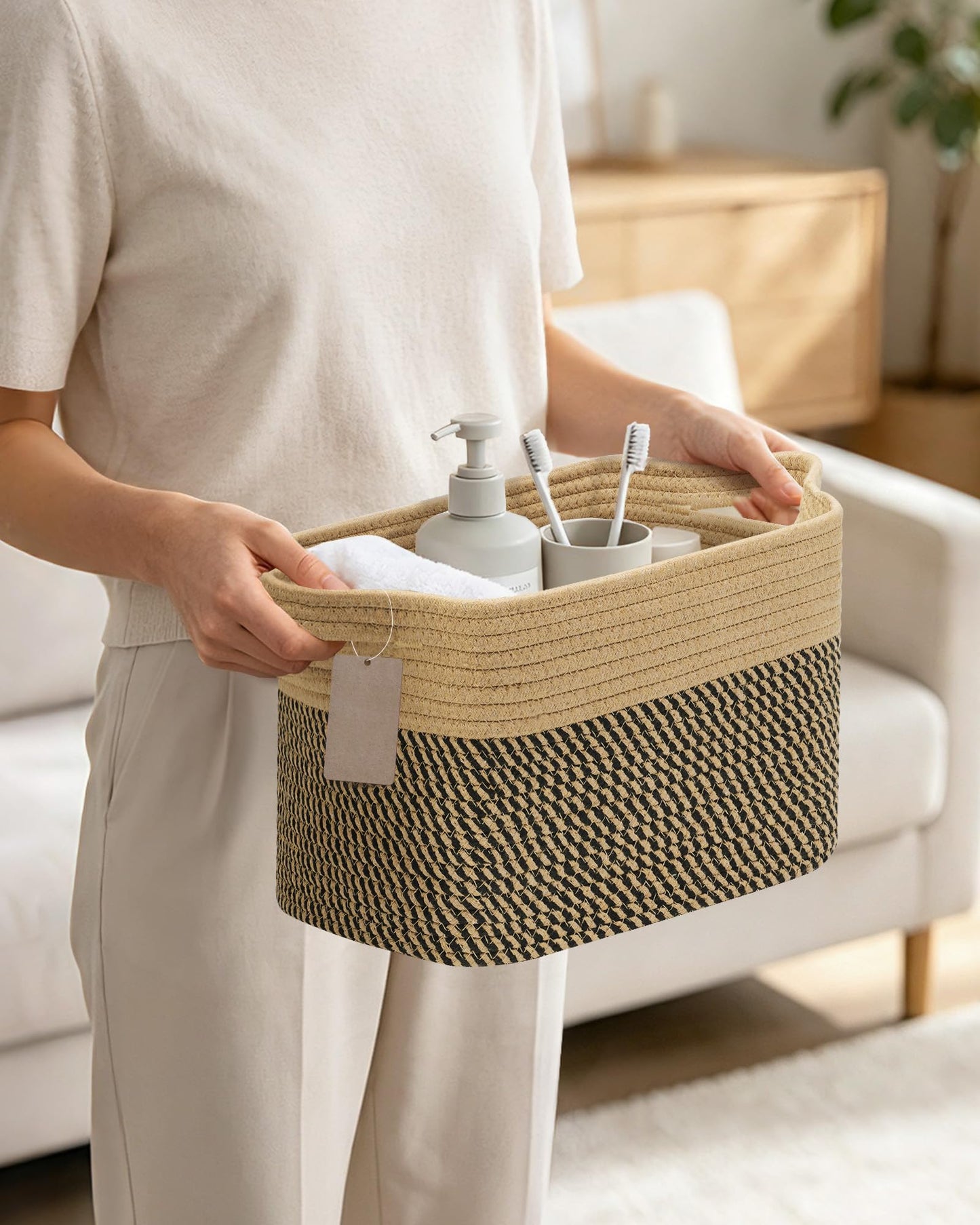 JOJOSEE Small Cotton Rope Woven Storage Basket for Shelves, Black&Brown