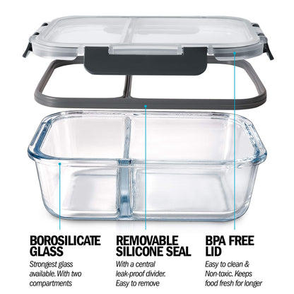 Igluu Meal Prep Glass 2 Compartment Container with Airtight SnapLock Lids - Portion Control Food Storage - BPA Free - Microwavable, Dishwasher,