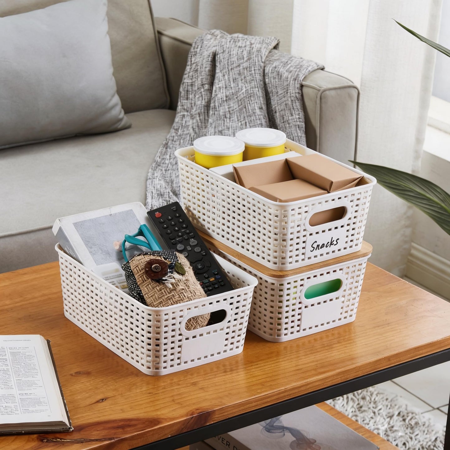 Mangata 6 Pack Storage Boxes with Bamboo Lid, Stackable Storage Baskets White
