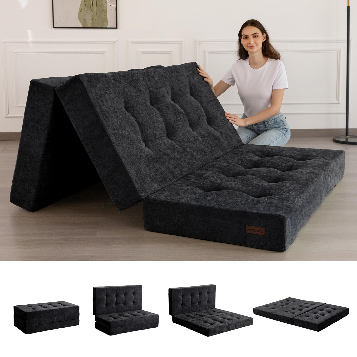 MAXYOYO Folding Mattress Chenille Fabric 15cm, Sofa Bed for Guest