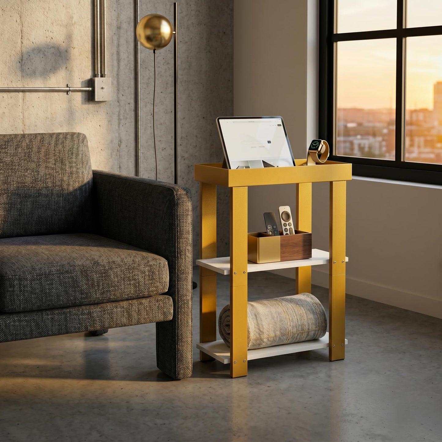 ZEXVIDA 3-Tier Narrow Side Table with Tray Top, Slim Side Table, White&Gold