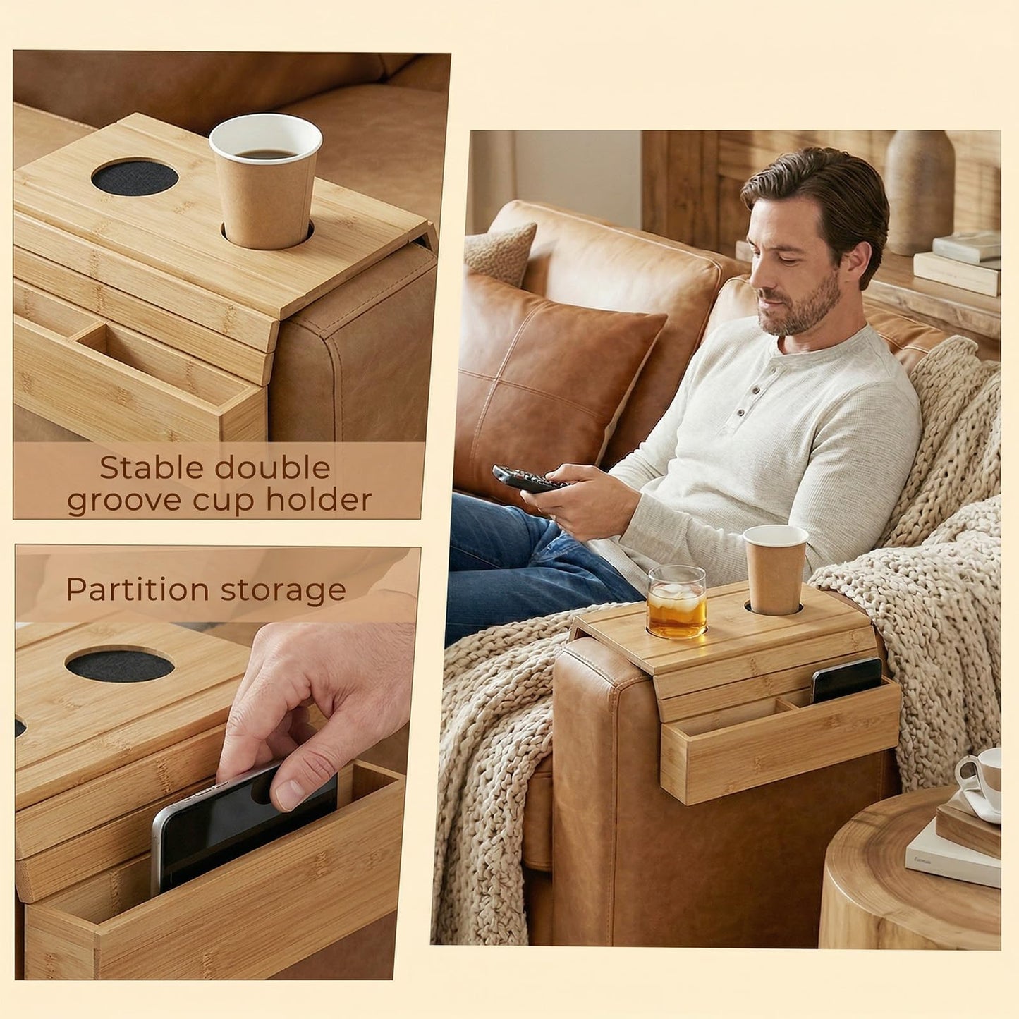 Solvio Bamboo Sofa Arm Tray with Cup Holder, Foldable Couch Arm Table with Anti-Slip Base, Wooden Armrest Organizer for Drinks, Snacks