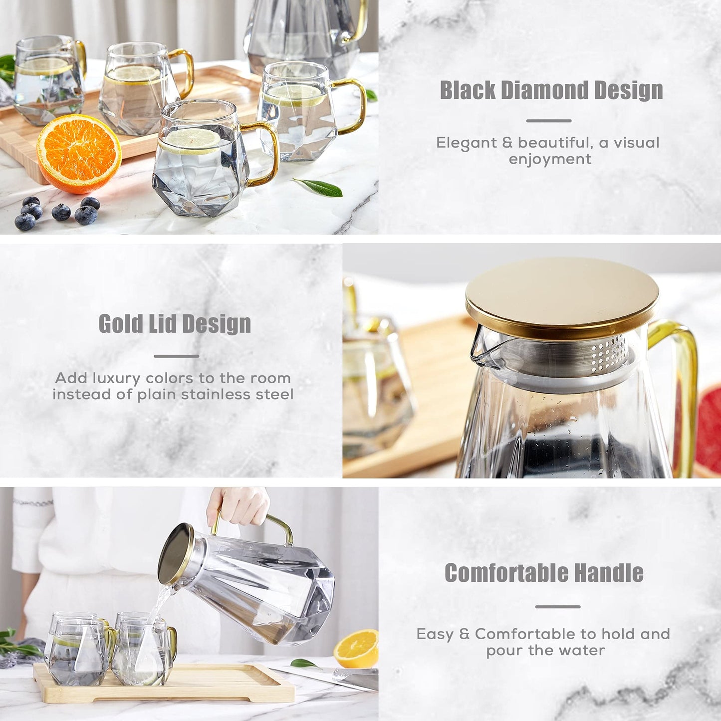 DUJUST Black Diamond Glass Pitcher with 4 Cups, 1 Tray, Elegant Design Water Pitcher with Handle, Decoration for Room, High Durability Water Glass