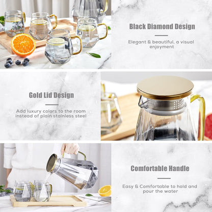DUJUST Black Diamond Glass Pitcher with 4 Cups, 1 Tray, Elegant Design Water Pitcher with Handle, Decoration for Room, High Durability Water Glass
