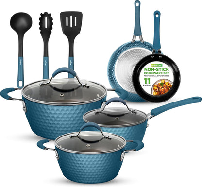 NutriChef 11 Pc Pots and Pans Set Non Stick Cookware with Ceramic Coating, Ergonomic Handles, Induction Ready, Includes Saucepan, Dutch Oven, Large &