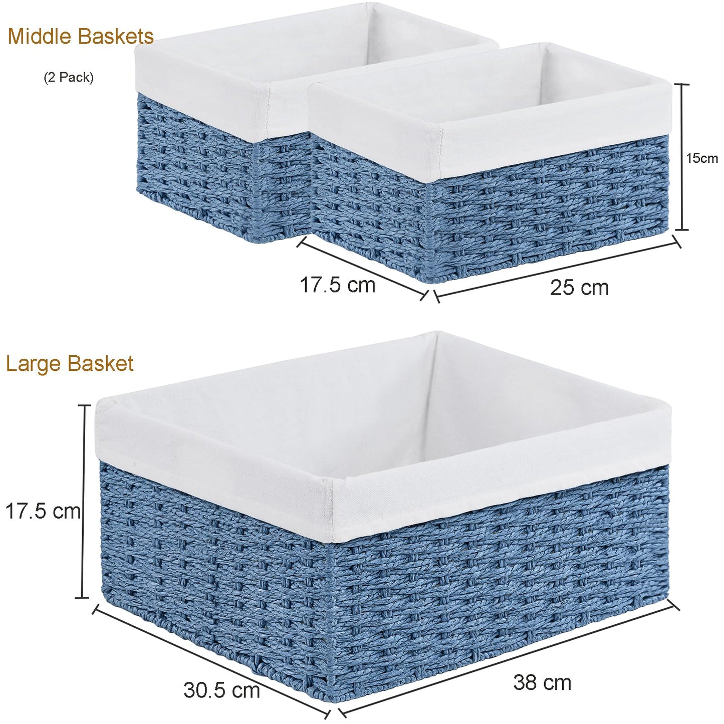 Vagusicc Wicker Basket, Set of 3 Rectangular Storage Gift Hamper Basket with Removable Fabric Lining, Storage Baskets for Shelves, Panty, Bathroom