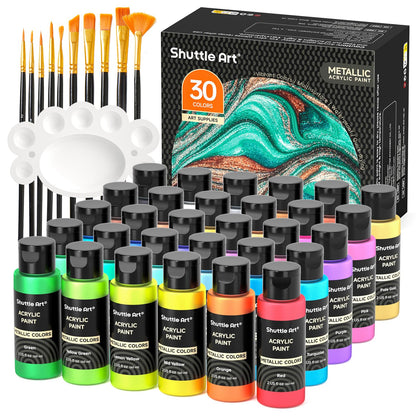 Shuttle Art Metallic Acrylic Paints Set, 30 Colours Metallic Paint in Bottles (60ml, 2oz) with 10 Brushes and Palette, Rich Pigments, Non-Toxic for