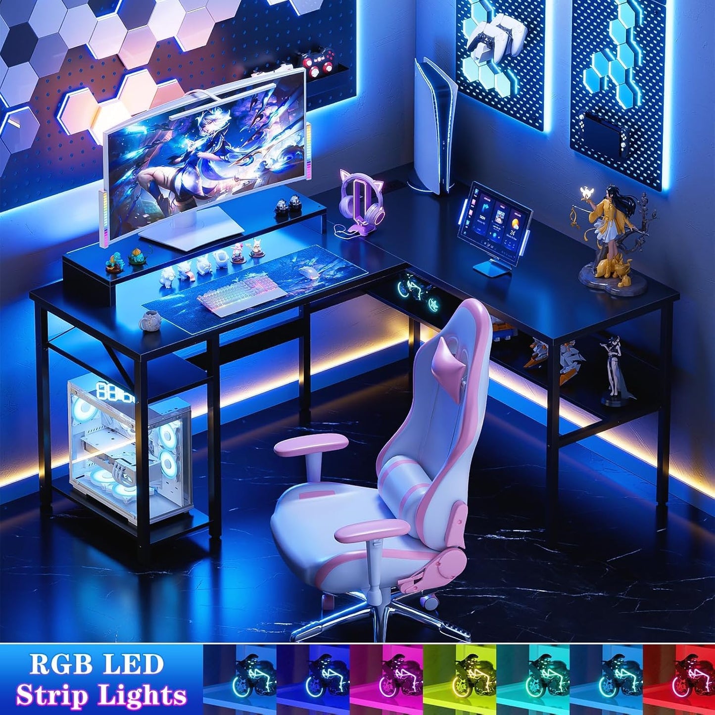 iSunirm L Shaped Desk, Gaming Desk with LED Lights, Reversible Computer Desk with Storage Shelves, Corner Table with Monitor Stand for Home