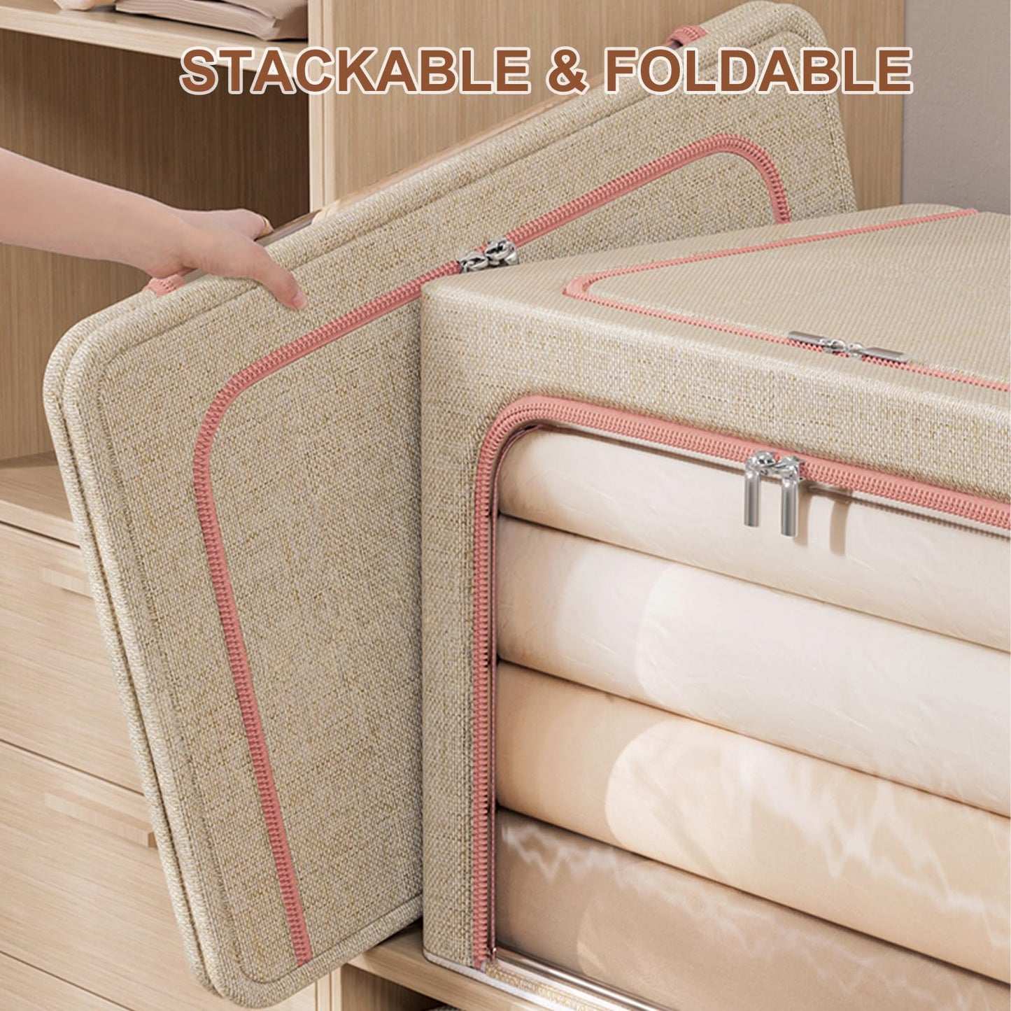 Douzi 2 Pack Clothes Storage Boxes Closet Organizers and Storage, Foldable Cloth Steel Frame Box for Storing Bedding,Blankets-Khaki-66L