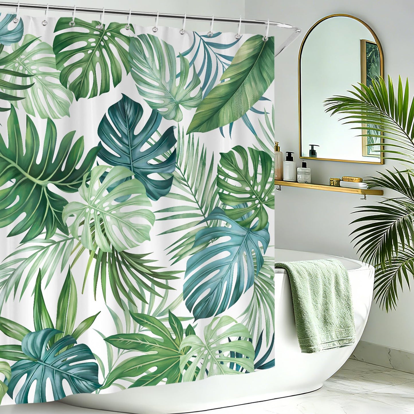 hometrixx Summer Jungle White Green Palm Tree Leaf Shower Curtain 72X72In