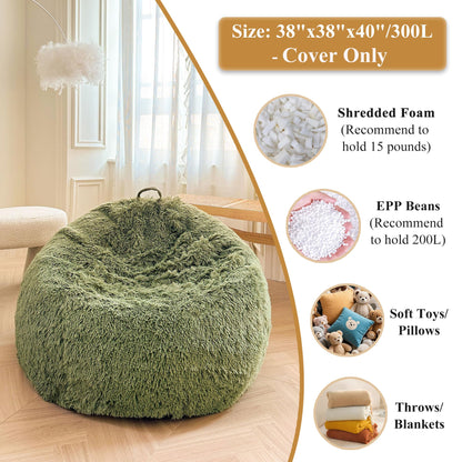 XeGe Comfy Fluffy Faux Fur Bean Bag Chair CoverNo Filler, Sage Green