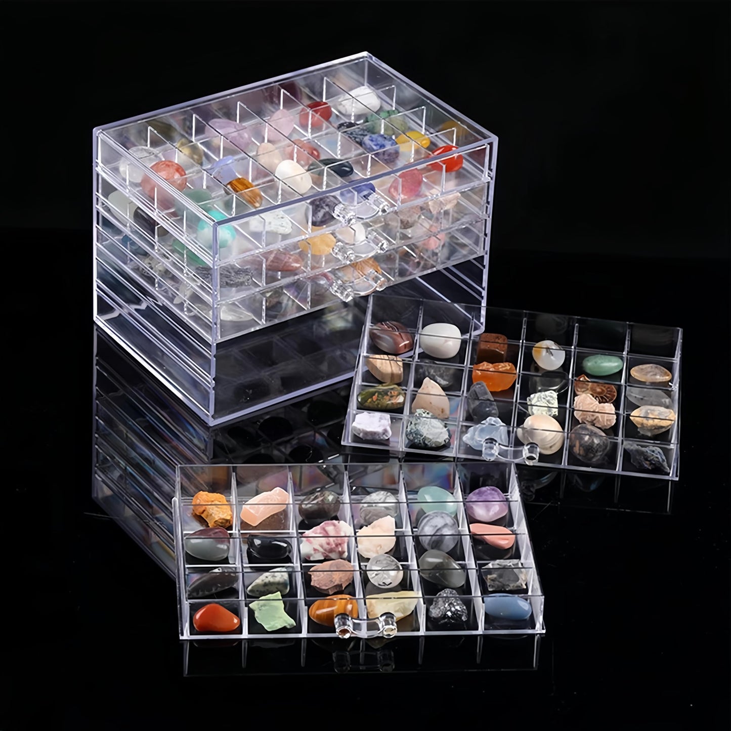Dmnnlp Small Rock Display Case, 5 Drawers 120 Grids(3x3cm), Clear Acrylic Rock Collection Box