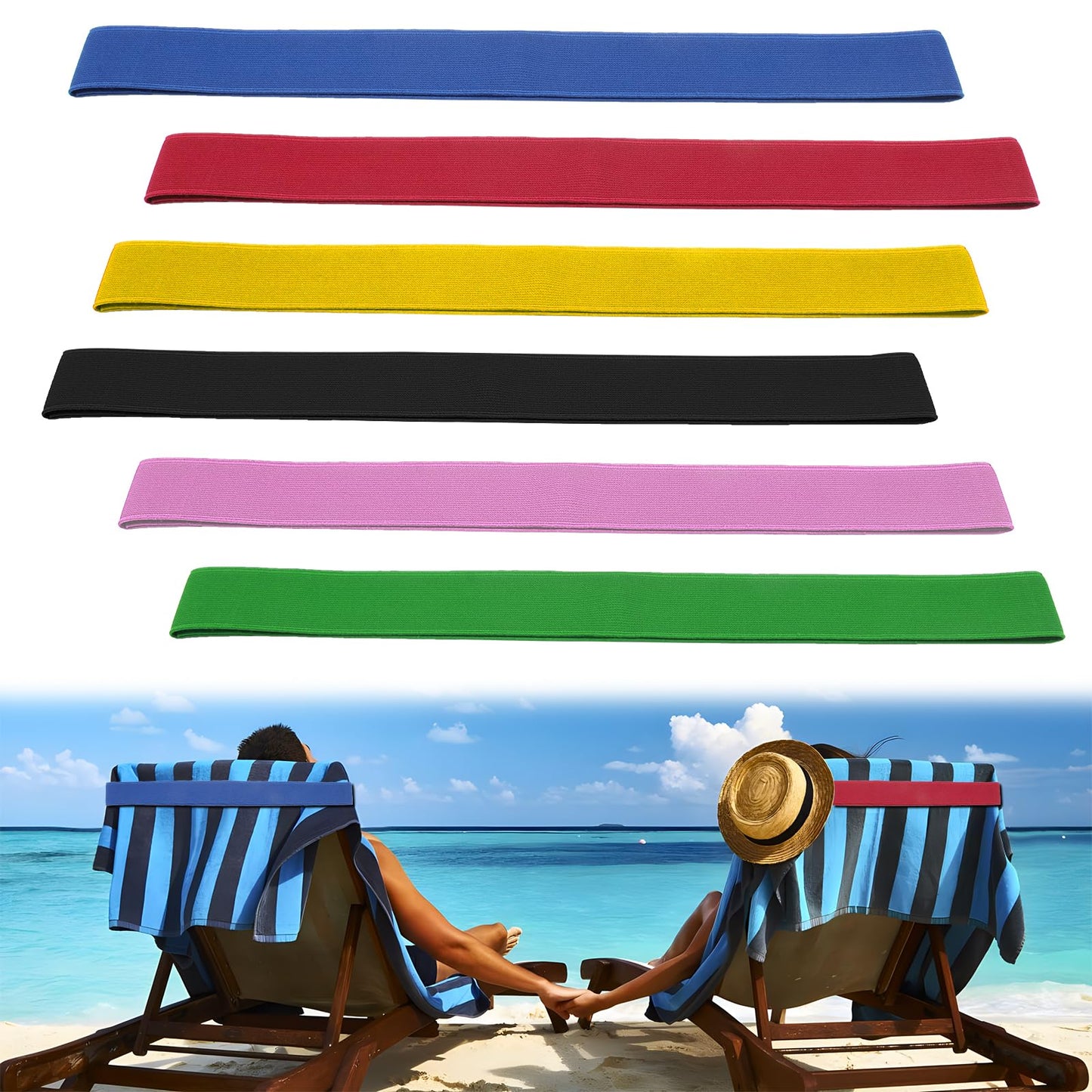 QOPAHI 6 Pack Towel Bands for Sun Loungers, Elastic Sunbed Towel Straps for Pool & Cruise Chairs