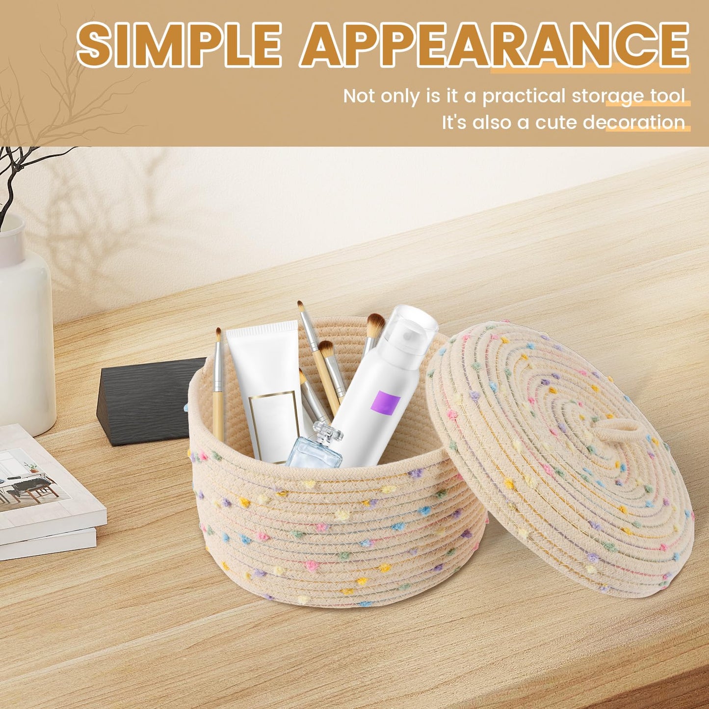 2Pcs Cotton Rope Storage Basket, 18.5cm 23cm Round Woven Shelf Storage Bin with Lid and Carrying Handle