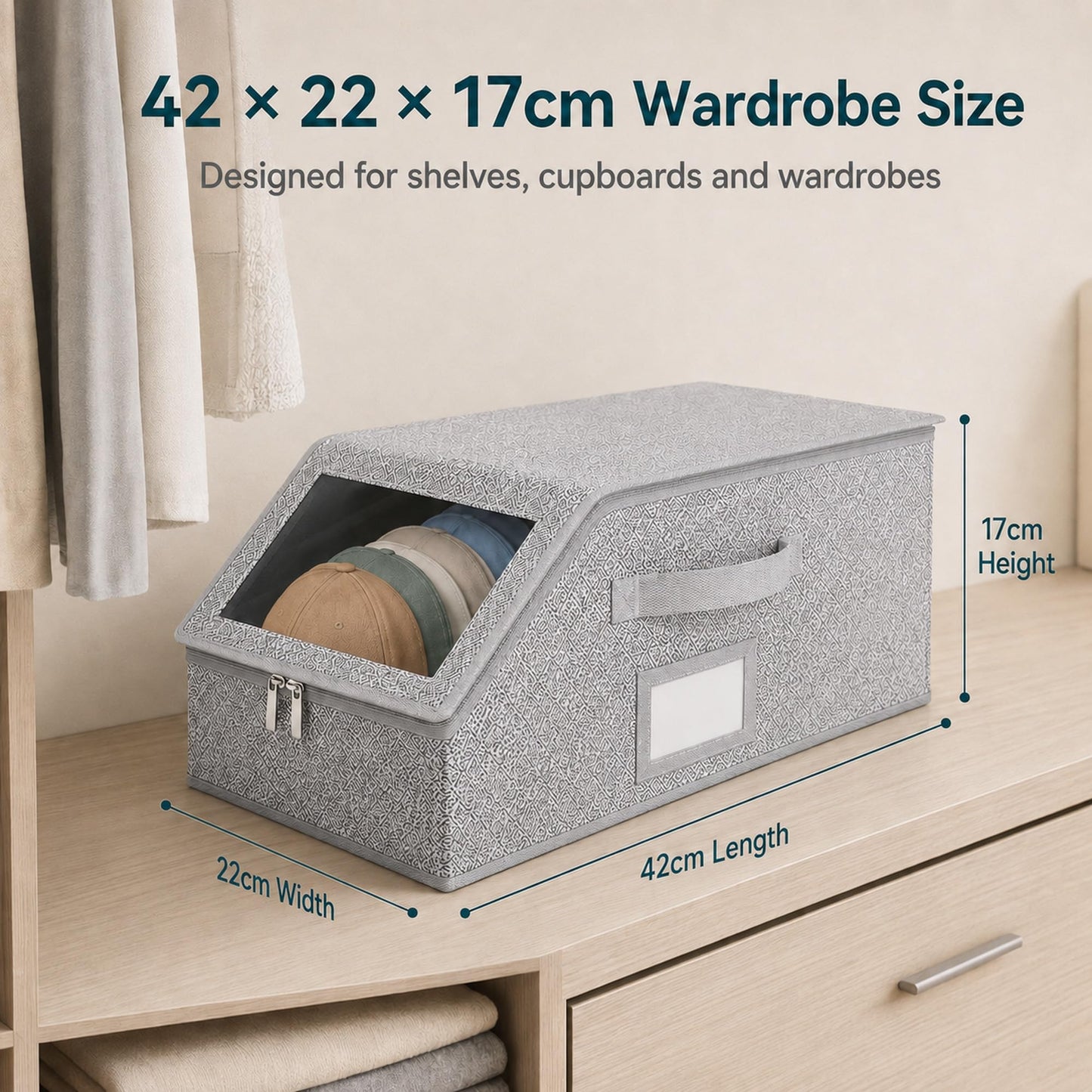 Pancutetoubao Baseball Cap Storage Box for 12 Caps, Stackable Hat Storage Organiser with Clear Window, Dust-Proof Zip Lid, PP Board Support