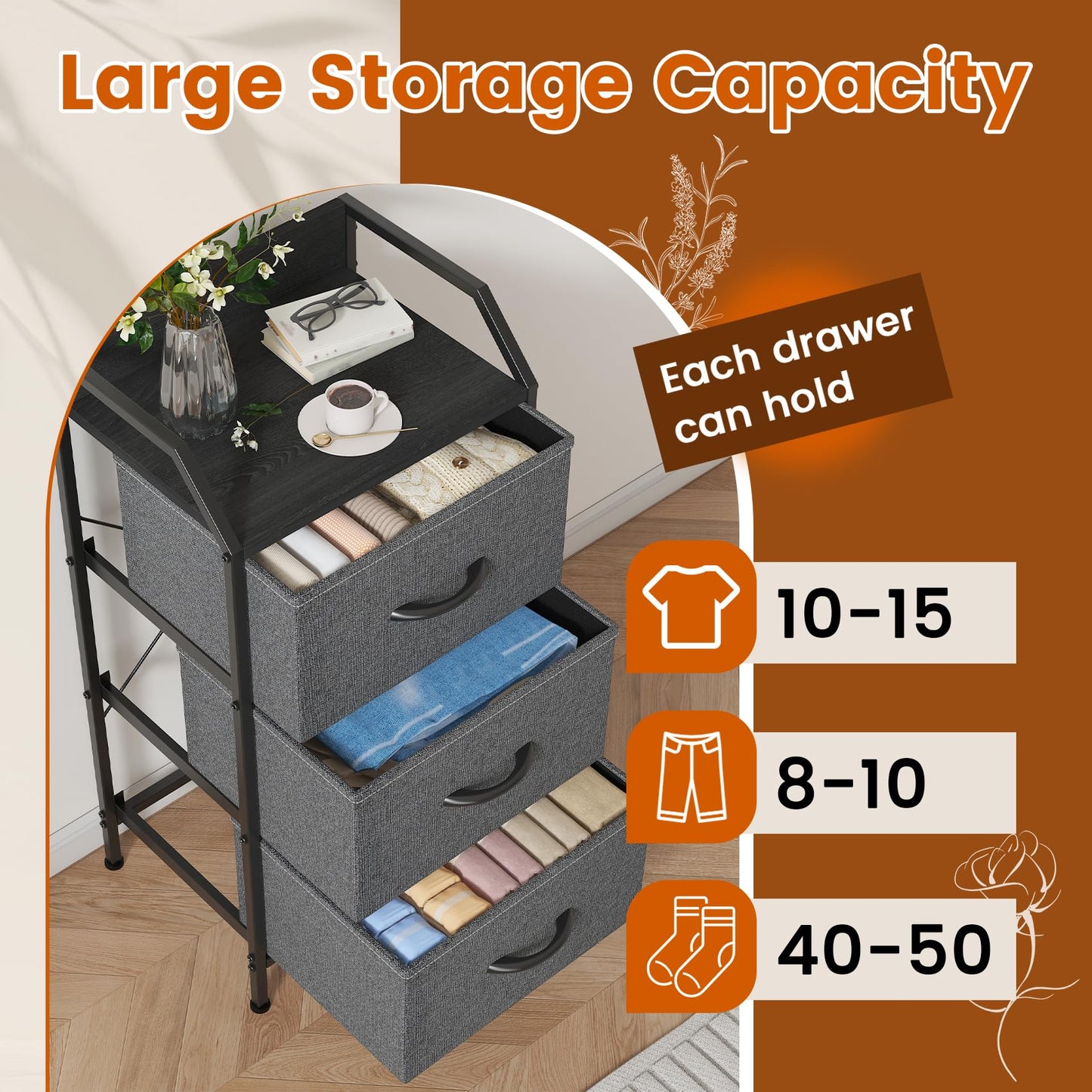 Feonase 3-Drawer Chest of Drawers with Metal Frame & Top Back Shelf – Modern Fabric Storage Cabinet for Bedroom, Living Room, Small Spaces