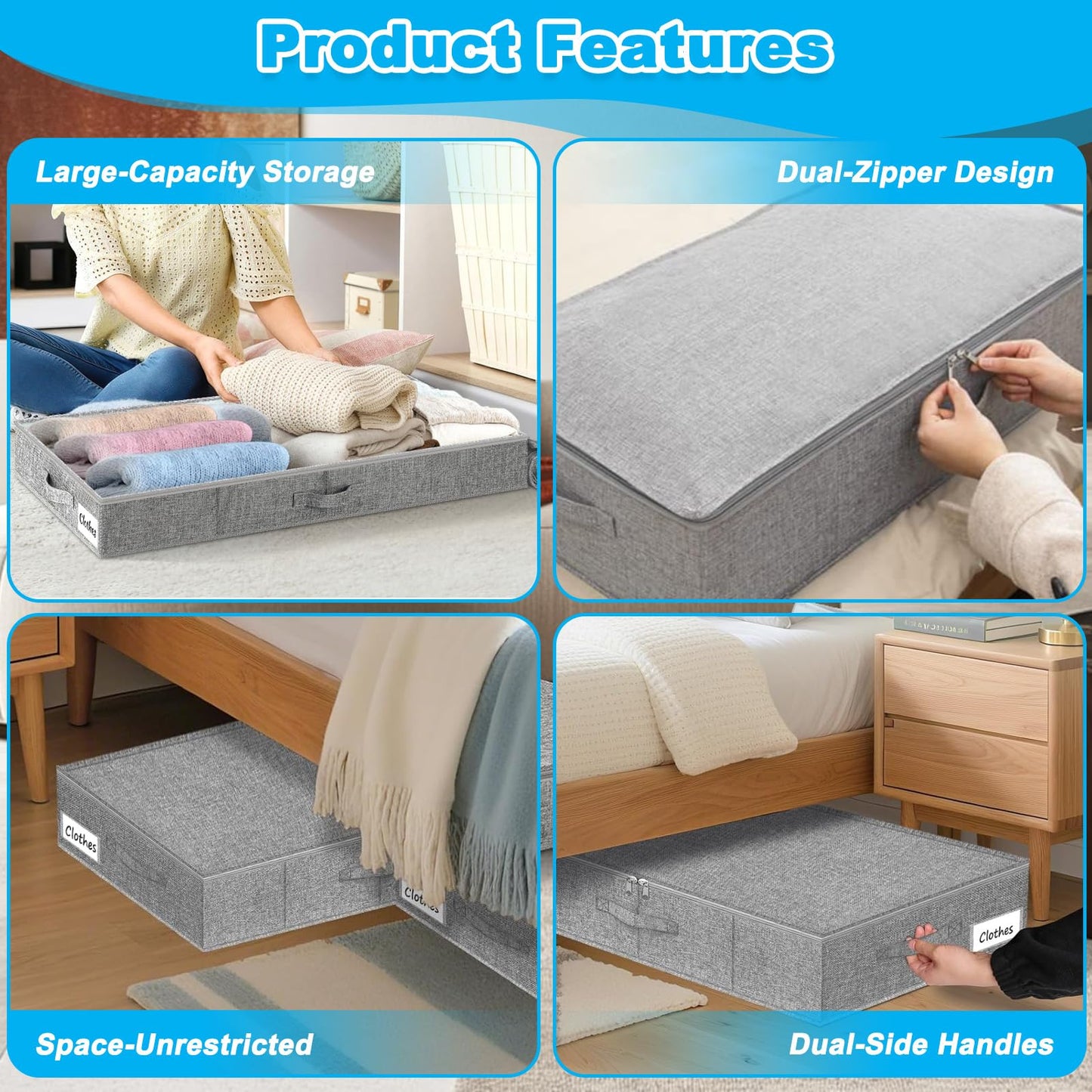 BOBILIFE Under bed storage box, 2pcs foldable under bed storage box, 33.46×15.75×4.72in with 3 handles and double zipper