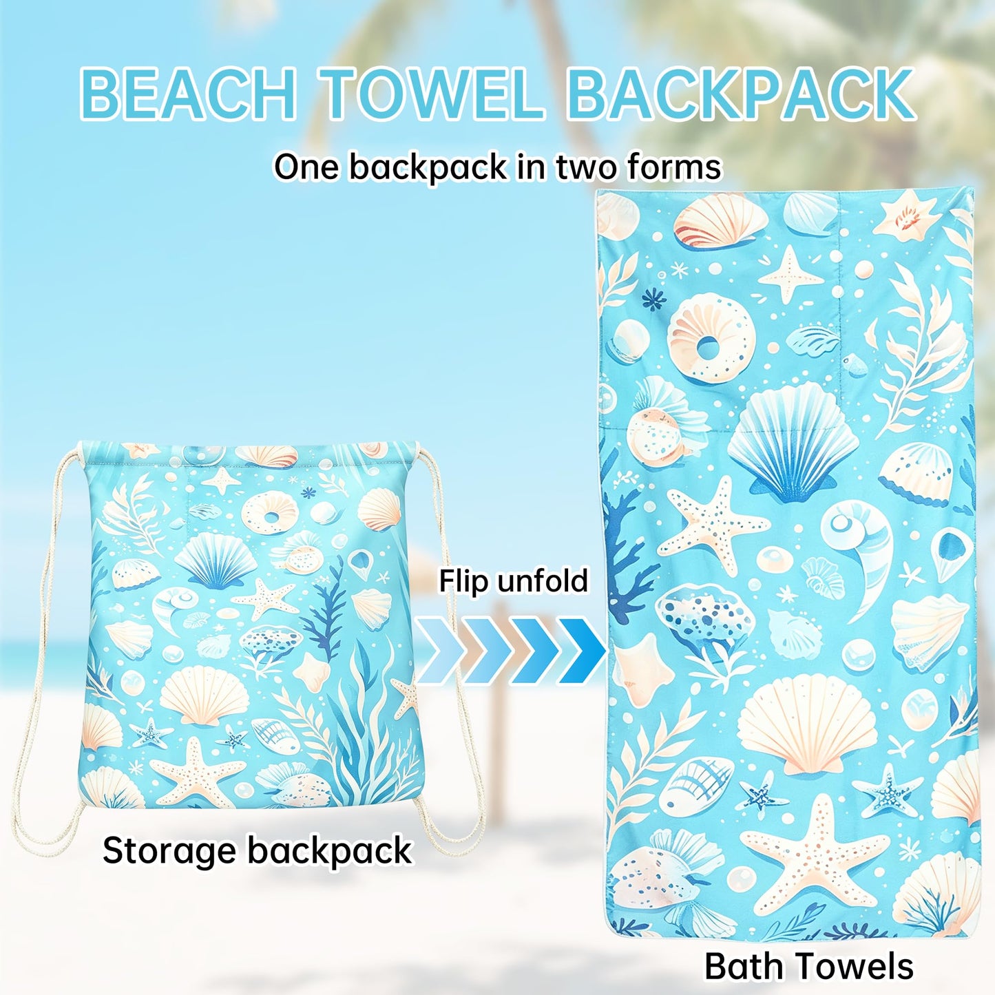 Senshuomy 2-in-1 Beach Towel Bag, Convertible Drawstring Beach Towel Backpack, Sand Free Quick Dry Microfiber Beach Towel for Adults