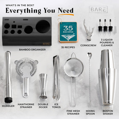 BARE BARREL Cocktail Making Kit | 14-Piece Bartender Kit Cocktail Shaker Set Maker | Bamboo Display Stand & 35 Recipe Cards | Mixology Cocktail Gift