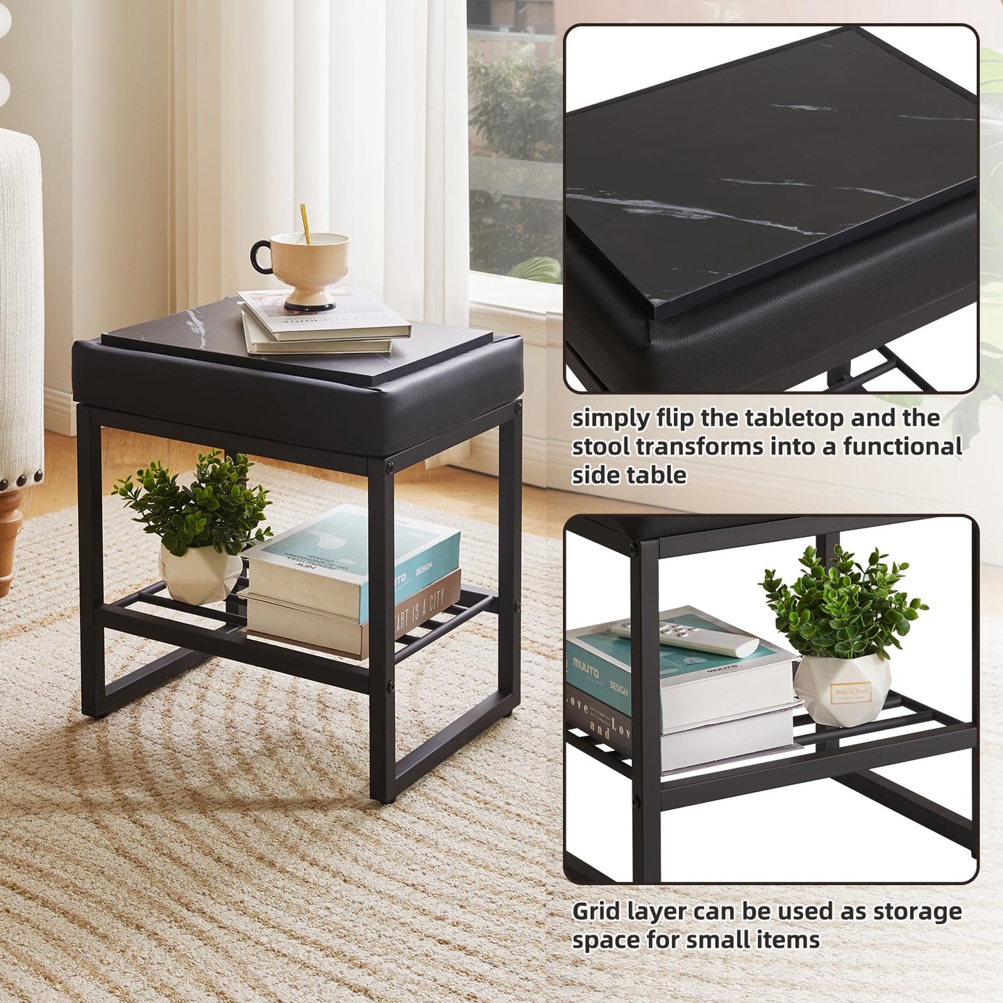 Aibiju Stool Chair for Dressing Table, Faux Leather Small Makeup Bench for Vanity, PU Seat Vanity Stool for Bedroom Living Room, Black YD-JD150B