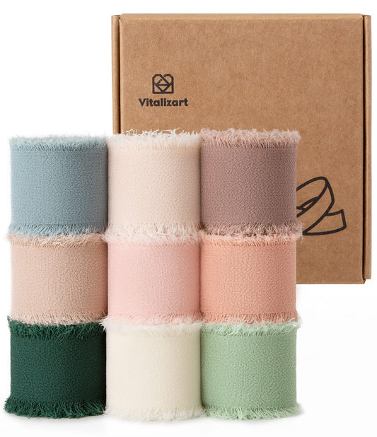 Vitalizart Chiffon Ribbon 1" x 27Yd Mixed 9 Colours, Fringe Edge Fabric Ribbon Package (9 Rolls *3Yd) for Wedding Invitation, Bridal Bouquet,