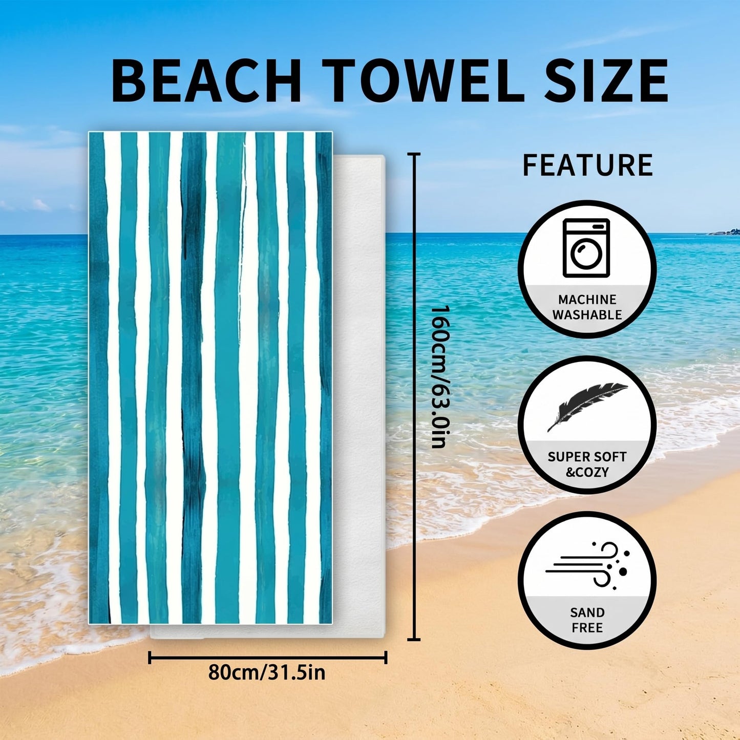 Microfibre Beach Towel Extra Large 160x80cm – Oversized Sand Free Quick Dry Beach Towels for Adults