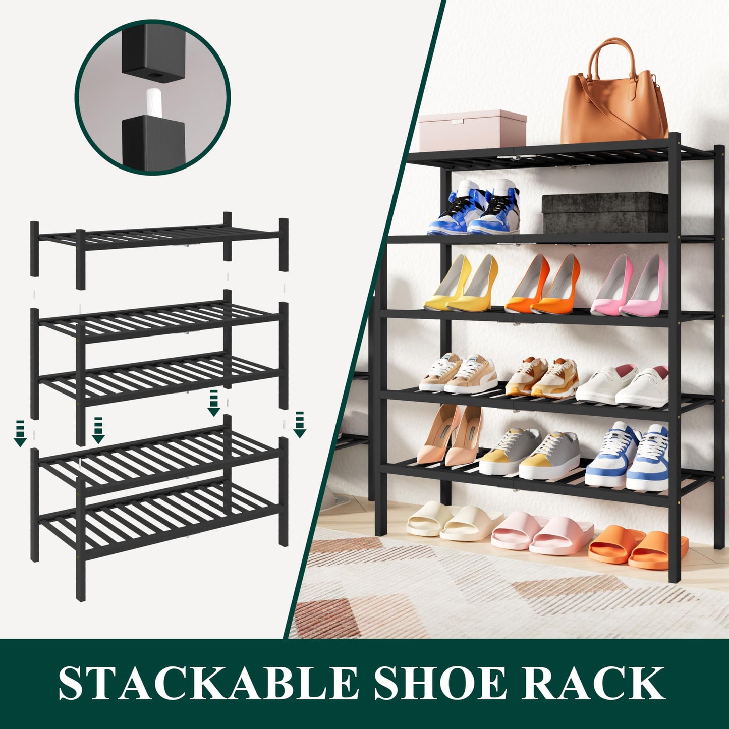 smiry Shoe Rack, 2 Tier Bamboo Shoe Organizer, Stackable Free Standing Wooden Shoe Storage Shelf for Entryway, Front Door Entrance, Black