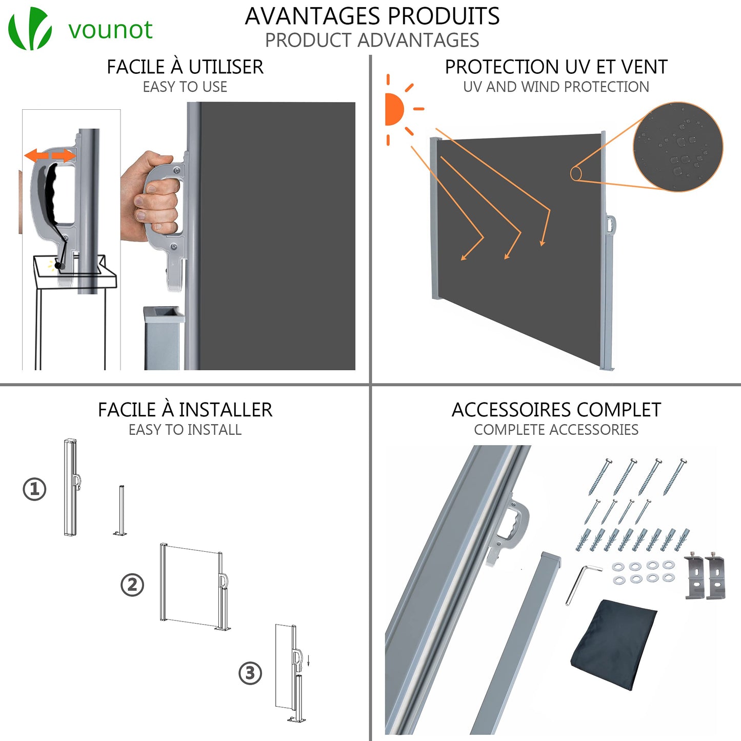 VOUNOT? Side Awning Retractable, Outdoor Privacy Screen for Garden, Balcony, Terrace, 160 x 300 cm, Grey