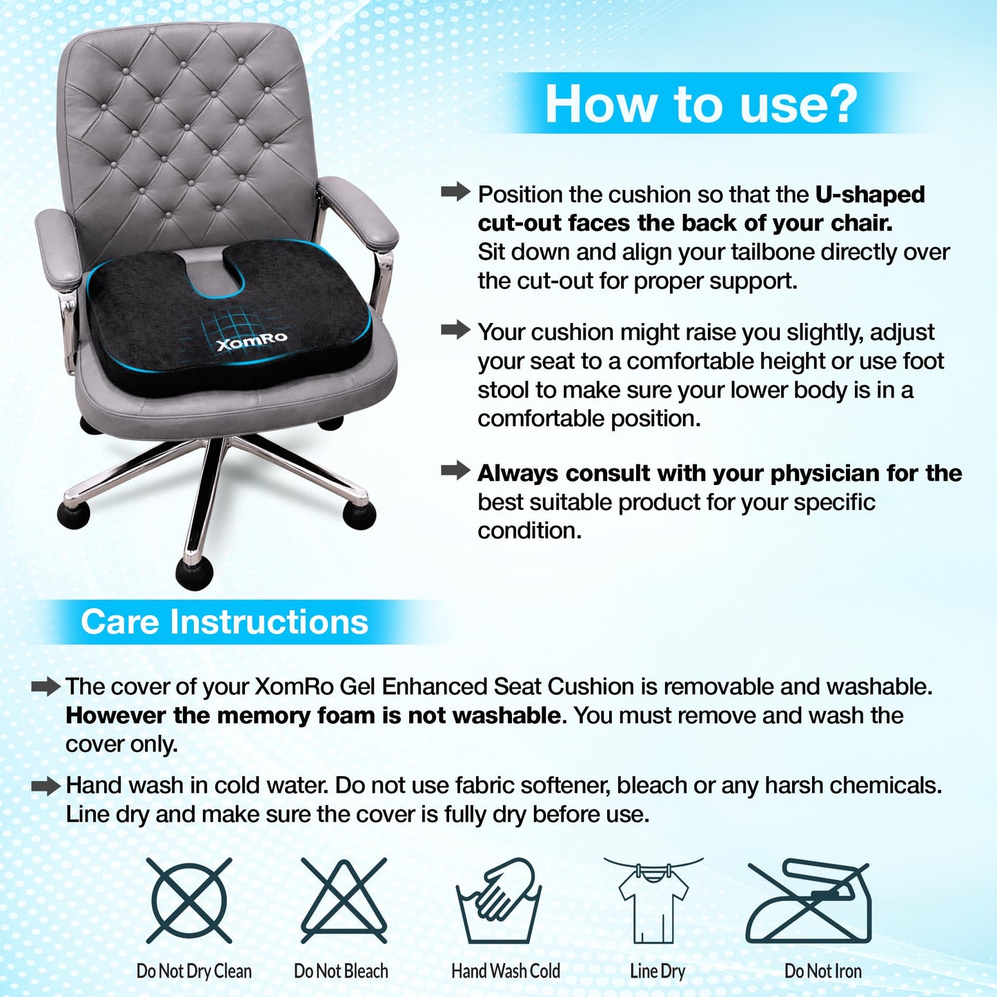 XomRo Ergonomic Memory Foam Seat Orthopedic Coccyx Cushion Chair Tailbone Pain Relief Sciatica Back Hip Support Office Chair Car Gaming Wheelchair