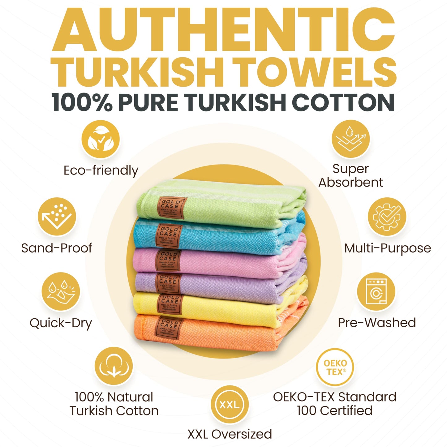 Gold CASE Turkish Beach Towel - Set of 6-100% Cotton - 70x38 inches XXL Oversized - Quick Dry Sand Free Turkish Towel Lightweight Bath Towels