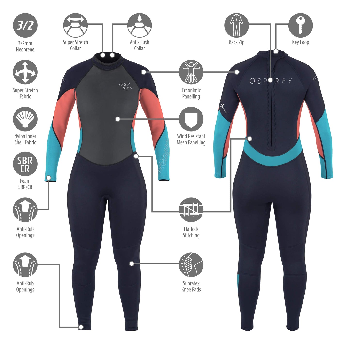 Osprey Womens Full Length 3mm Summer Wetsuit, Adult Neoprene Surfing Diving Wetsuit, Zero, Coral, XL