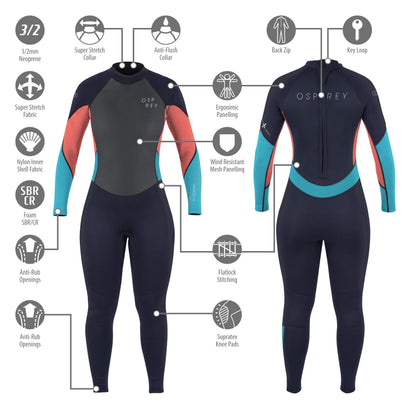 Osprey Womens Full Length 3mm Summer Wetsuit, Adult Neoprene Surfing Diving Wetsuit, Zero, Coral, XL