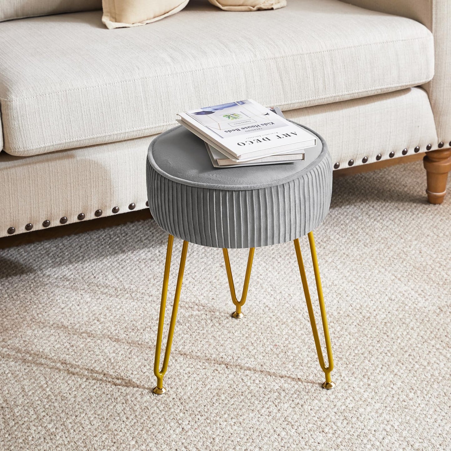 IBUYKE Velvet Vanity Stool Ottoman, Round Footrest Chair, Gray L/G-30G