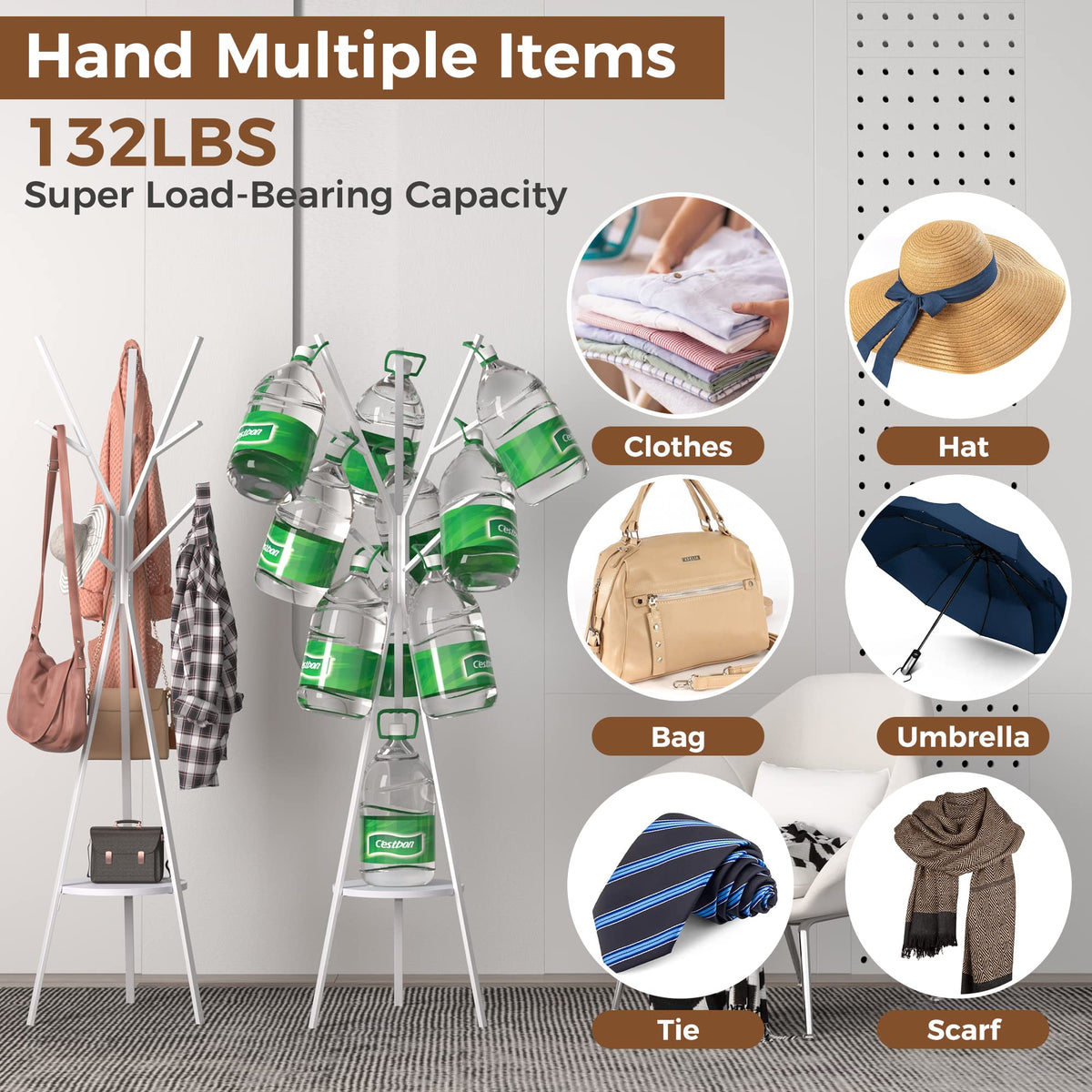 HOME BI Coat Rack Stand, Entryway Standing Coat Tree,Hat Stand Coat Hanger with 9 Hooks for Holding Jacket, Handbag, Clothes, Hats, and Scarves, White