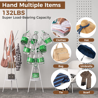 HOME BI Coat Rack Stand, Entryway Standing Coat Tree,Hat Stand Coat Hanger with 9 Hooks for Holding Jacket, Handbag, Clothes, Hats, and Scarves, White