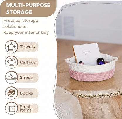 Storage Basket Woven Cotton Rope, Set of 5 Shelf Baskets with Handles